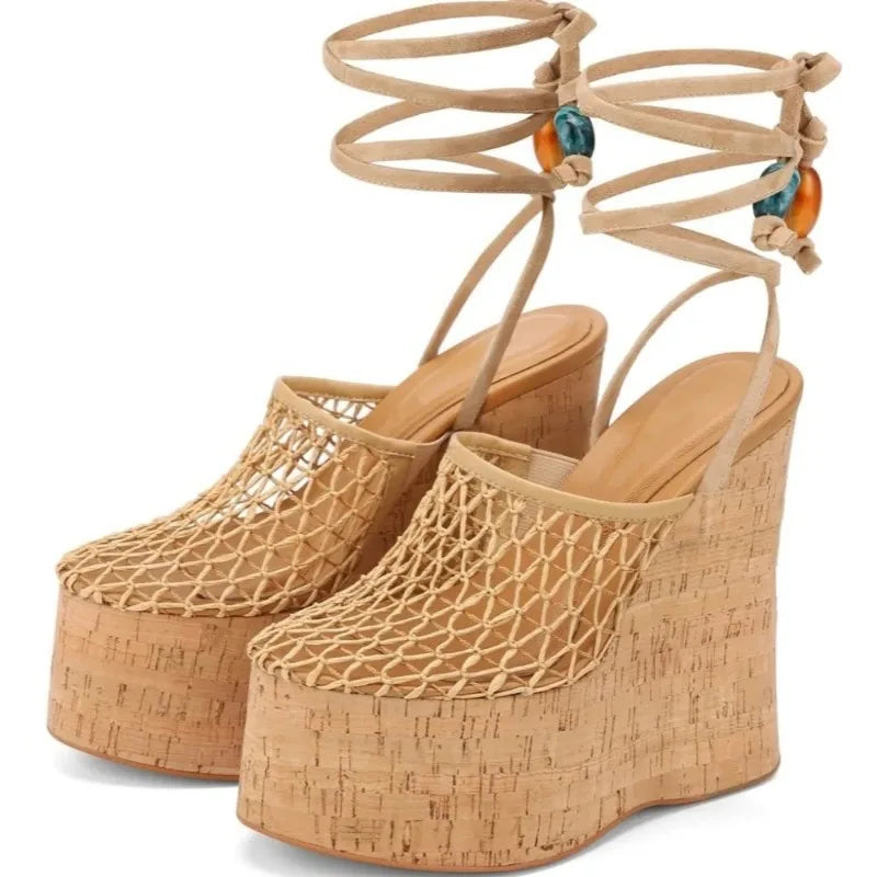 Highquality Wooden Patterned Wedge Heelwith Thicksole Andexposed Toebuckle Strap Sandals Forwomen's Banquets InEurope AndAmerica