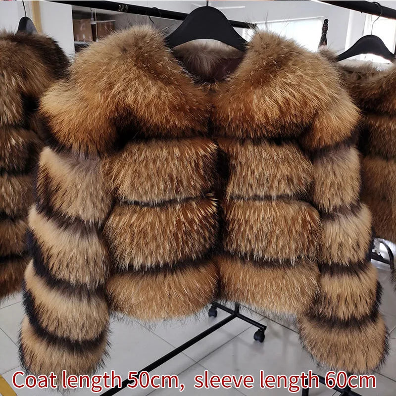 Winter Real Fur Women Raccoon Natural Fur Coat Silver Fox Long Vest Warm Luxury Jacket Parkas With Leather Fur Clothe For Female