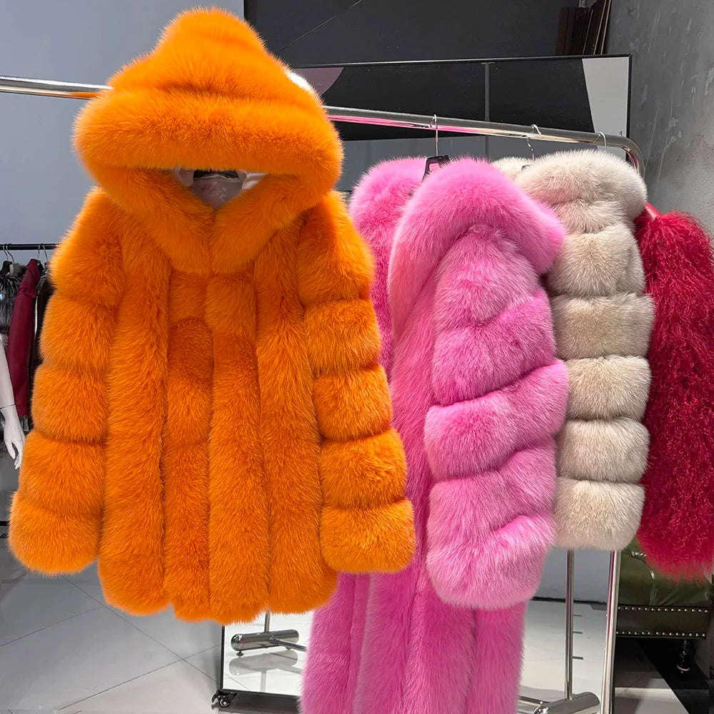 YOLOAgain Hooded Real Fox Fur Jacket Women 2025 Winter Warm Natural Fox Fur Coat Female