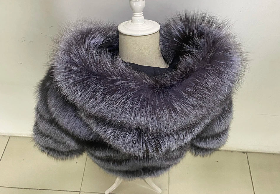 Winter Real Fur Women Raccoon Natural Fur Coat Silver Fox Long Vest Warm Luxury Jacket Parkas With Leather Fur Clothe For Female