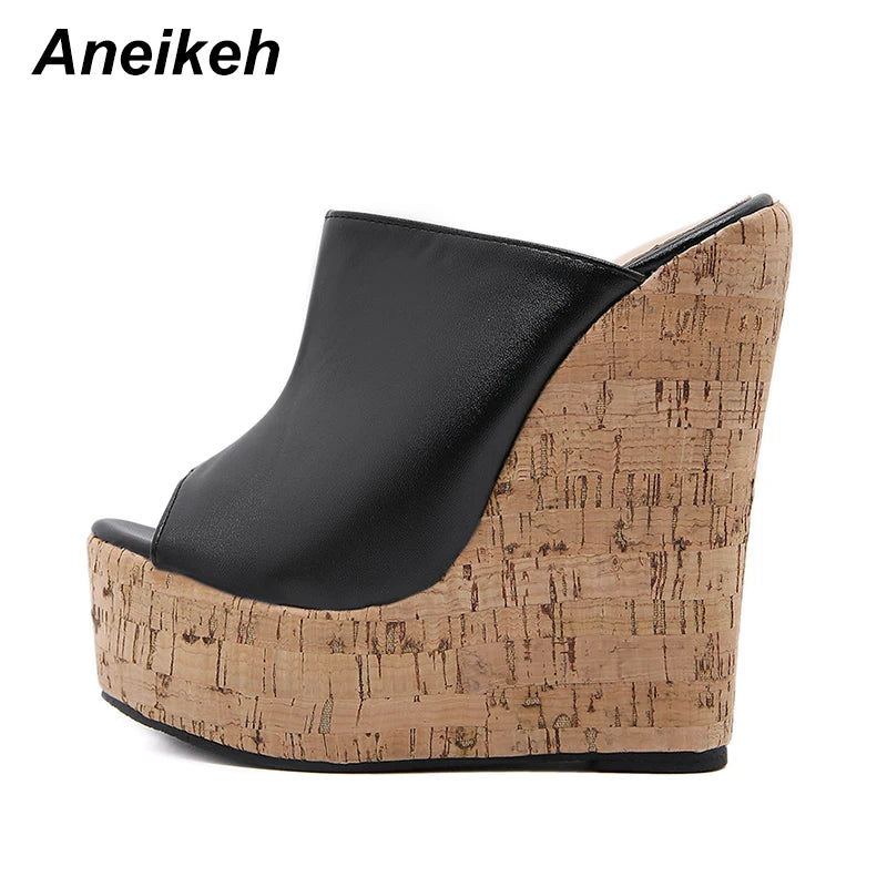 Aneikeh Black Platform Wedge Sandals Slippers 2025 Summer Fashion Peep Toe Super High Heigh Sexy Sandal Mules zapatillas mujer