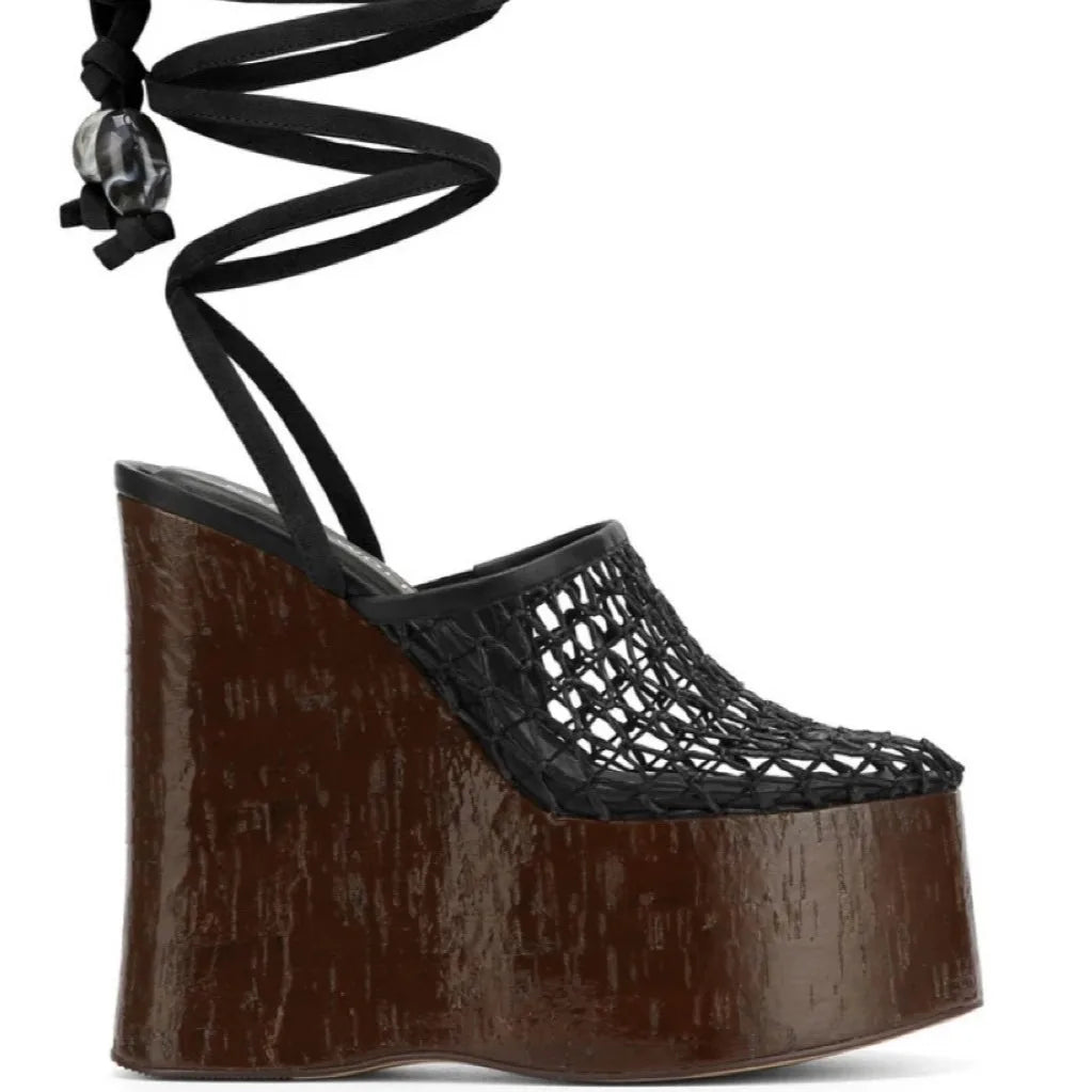 Highquality Wooden Patterned Wedge Heelwith Thicksole Andexposed Toebuckle Strap Sandals Forwomen's Banquets InEurope AndAmerica