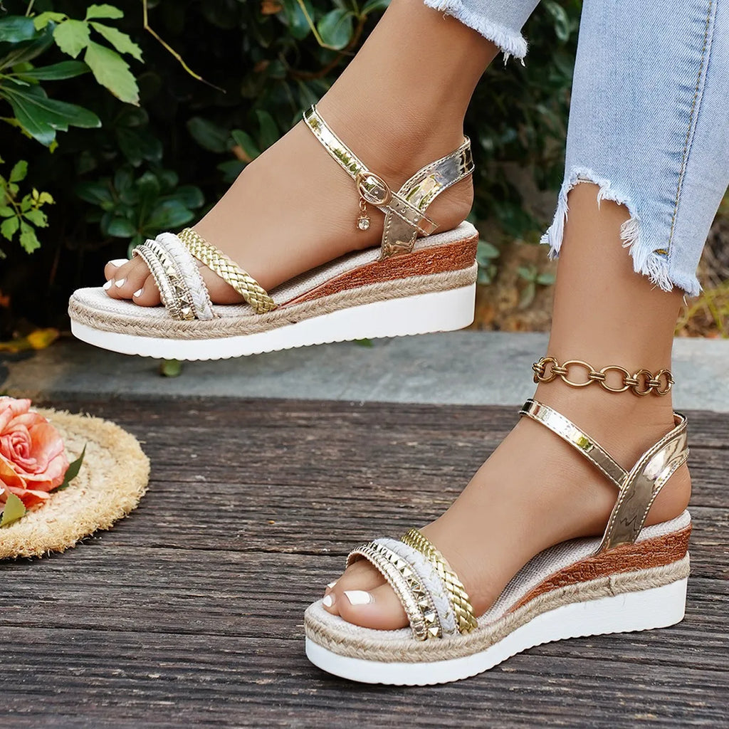 Women's Sandals Fashion Wedge Platform Sandals Luxury Golden Leather Sandals for Women Casual Beach Shoes Sandalias De Mujer
