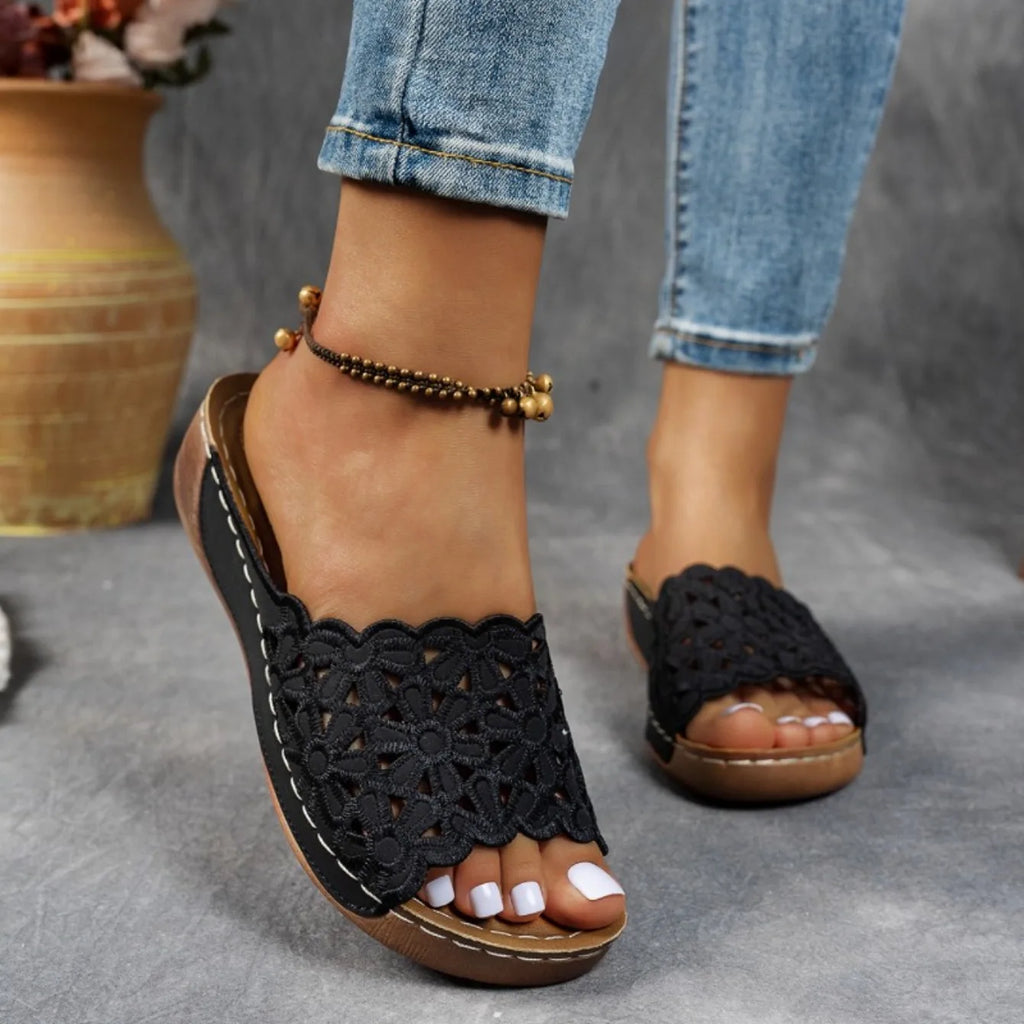 New Wedge Sandals Women Slippers Summer Platforms Shoes Floral Heel Slippers Comfortable Round Toe Slip-On Sandals Slides Women