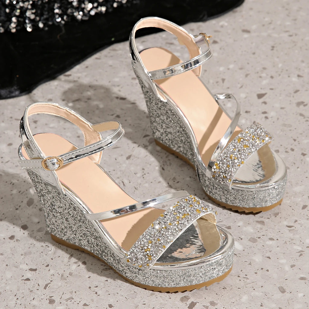 Summer New Women's Sandals Wedge Heel Sequin Decorated High Heel Sandals Height Increasing Elegant Evening Wear Platforms Shoes