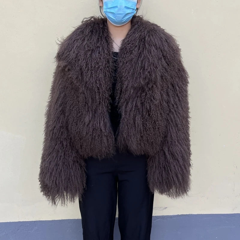 Beiziru Women's Dark Brown Mongolia Sheep Fur Jacket with Turndown Collar Stylish Warm Outerwear