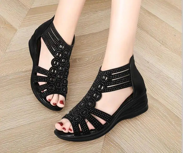 Sandal Woman Wedge Orthopedic Sandals for Women Black Shoe Elegant Brands Platform Roman Medium Heel Summer New 2025 Heels Shoes