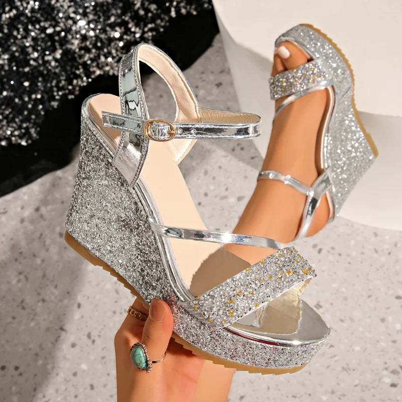 Summer New Women's Sandals Wedge Heel Sequin Decorated High Heel Sandals Height Increasing Elegant Evening Wear Platforms Shoes