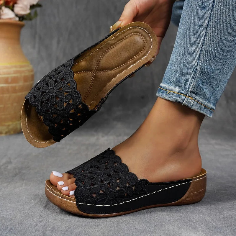 New Wedge Sandals Women Slippers Summer Platforms Shoes Floral Heel Slippers Comfortable Round Toe Slip-On Sandals Slides Women