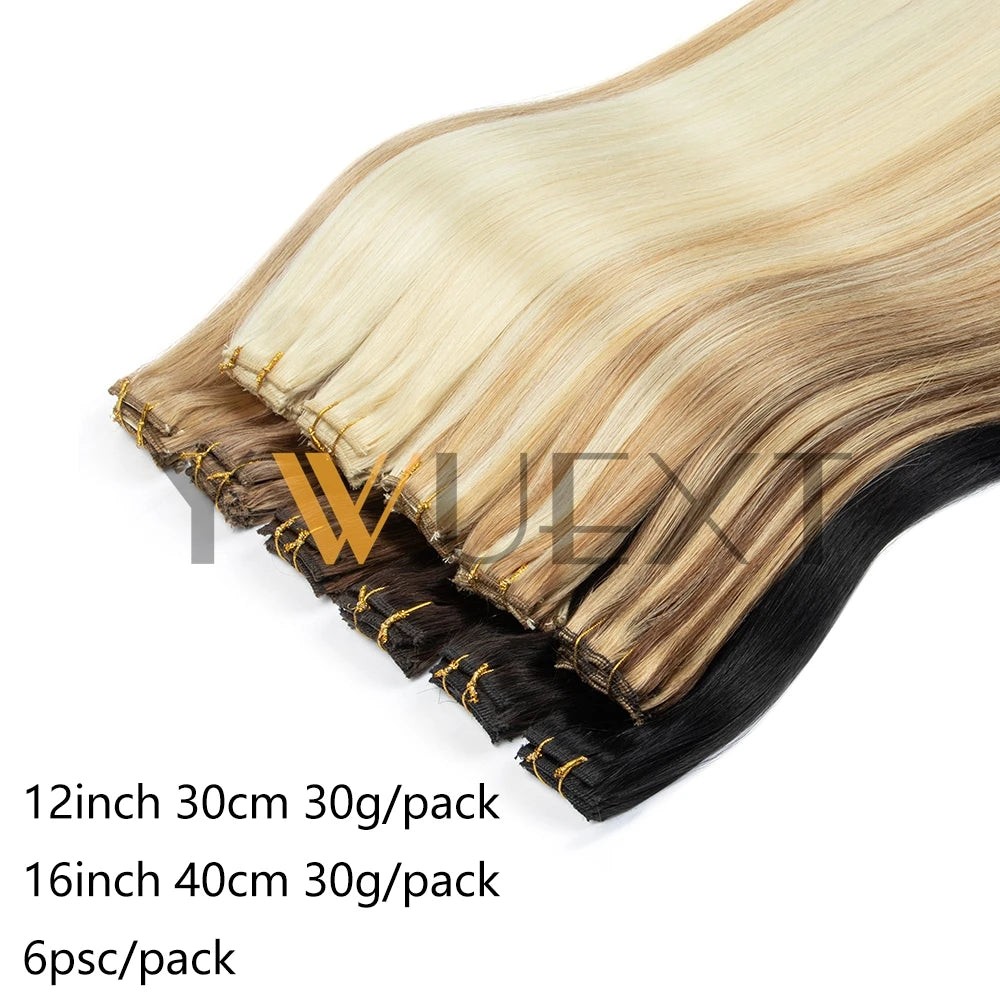 YWUEXT 6PCS Mini Clip in Human Hair Pad 1clip on Machine Weft Hair Extensions 12"-16" Natural Straight Clip Hair Piece 30g/pack