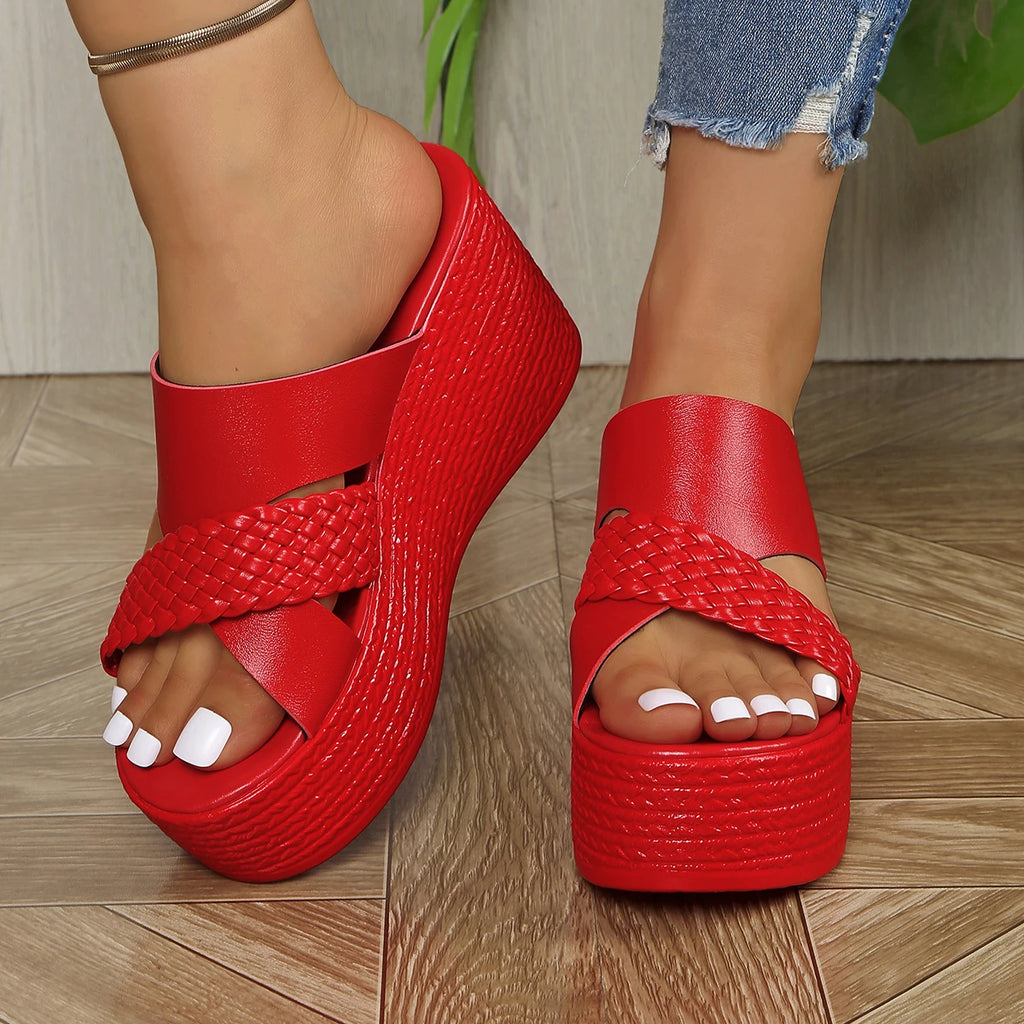 Summer Women's Slippers Wedge Heels High Female Fish Mouth Shoes Thick Bottom Outdoors Sweet Bow Suede Girls Schoolgirl Slides