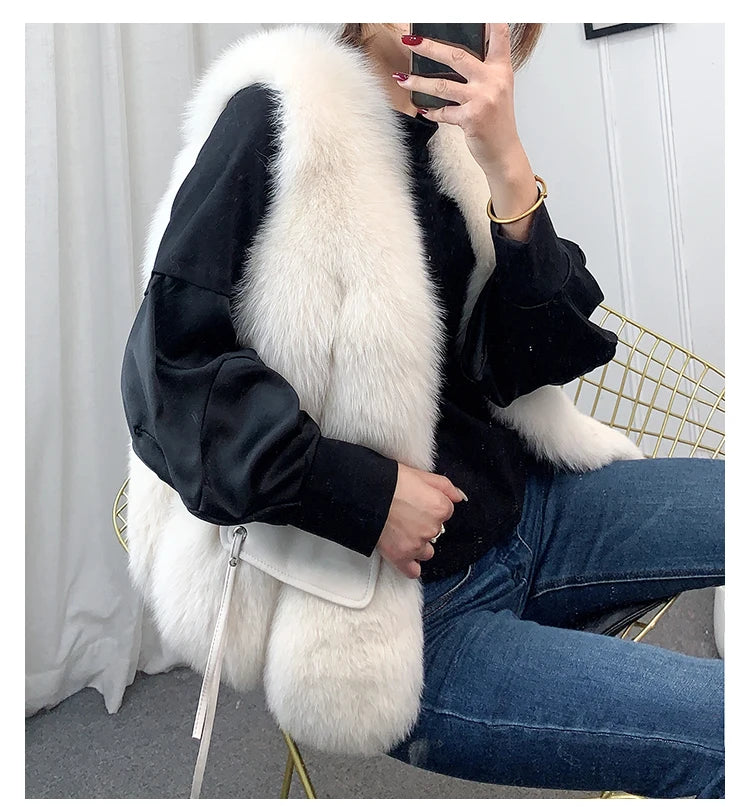 MPPM  New Women Fox Fur Vest Fashion Winter Genuine Fox Waistcoats Gilets V-neck Autumn Lady's Jackets Coats Top Quality Luxury