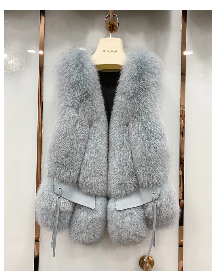 MPPM  New Women Fox Fur Vest Fashion Winter Genuine Fox Waistcoats Gilets V-neck Autumn Lady's Jackets Coats Top Quality Luxury