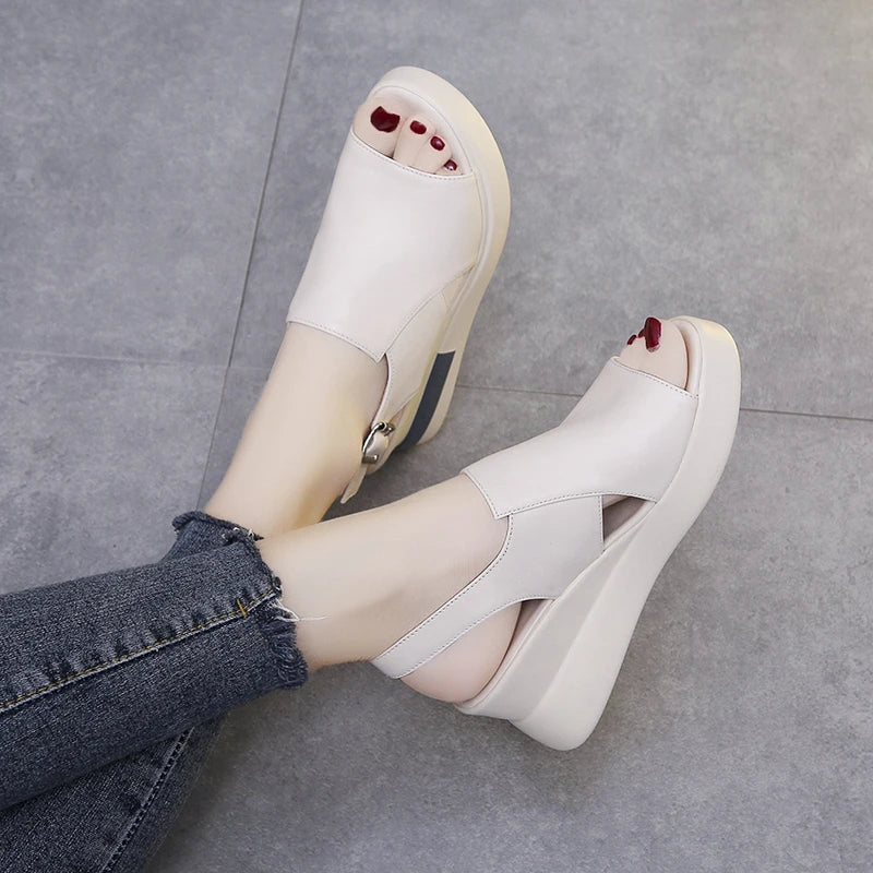 Summer Wedge Shoes for Women Sandals Solid Color Open Toe High Heels Casual Ladies Buckle Strap Fashion Female Sandalias Mujer