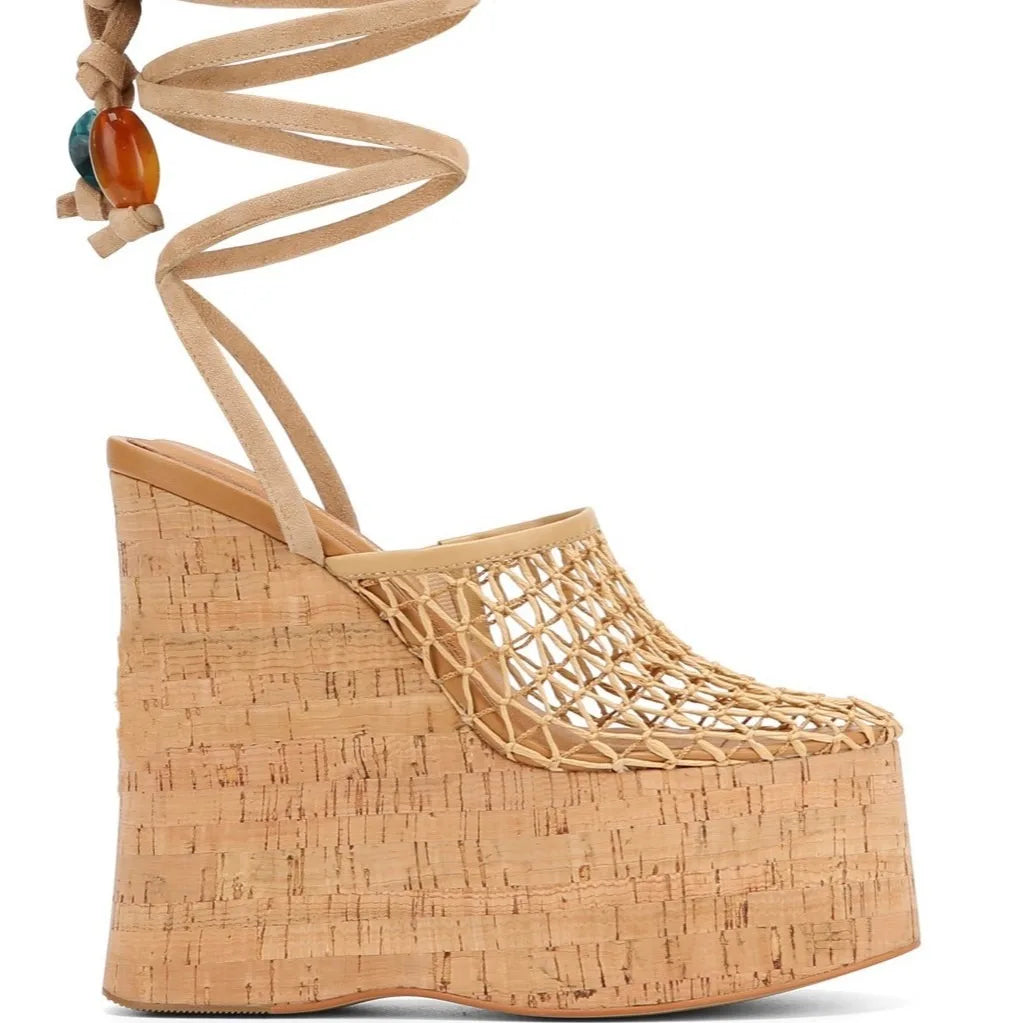 Highquality Wooden Patterned Wedge Heelwith Thicksole Andexposed Toebuckle Strap Sandals Forwomen's Banquets InEurope AndAmerica