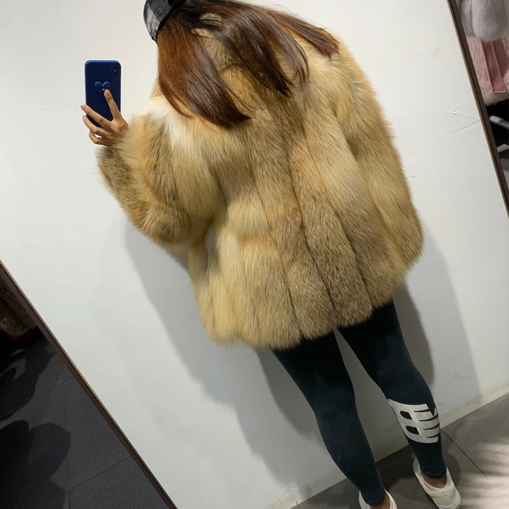 Red Fox Fur Coat Long Sleeve with Collar Ladies Real Fur Jacket Natural Fox Cloth