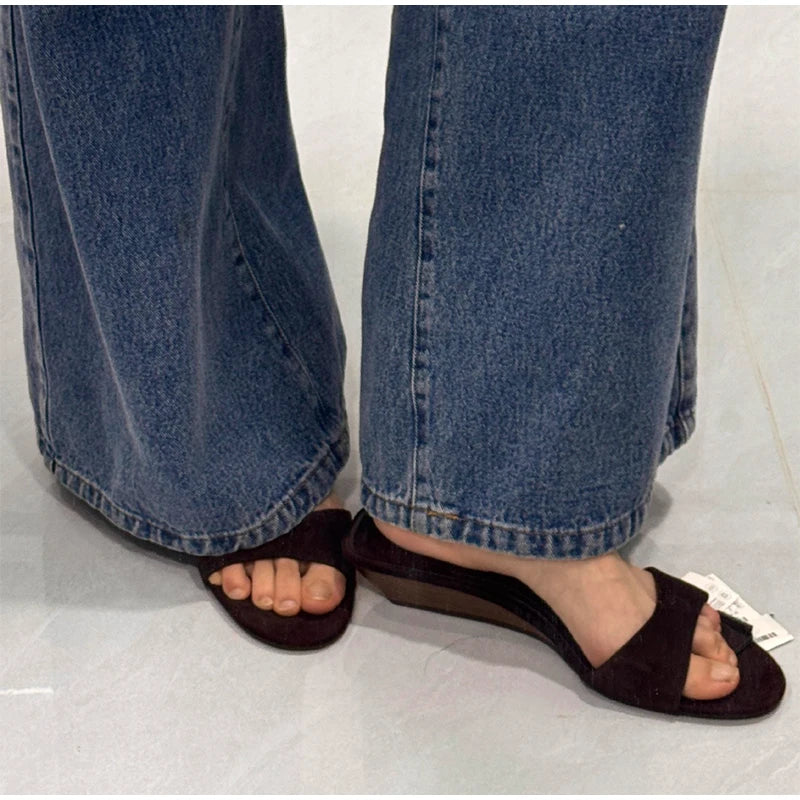 Suede Brand Wedge Heel Sandals For Women Designer Summer Fashion Outdoor Slippers Elegant Luxury Simple High-end Banquet Shoes