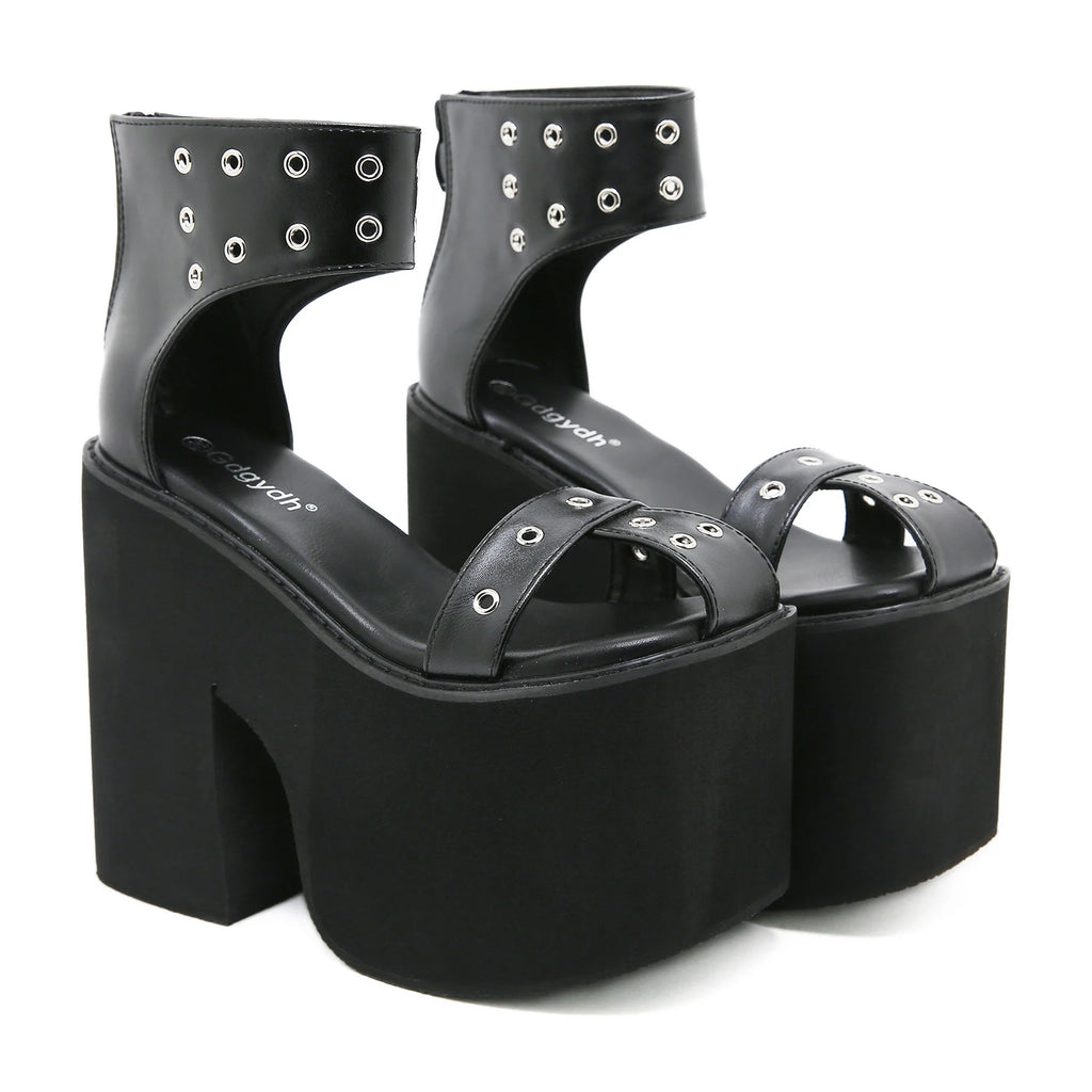 Gdgydh Summer Wide Fit Heeled Sandals Women Metal Rivet Punk Wedge Heels Platform Sandals Ankle Strap Ladies Cosplay Shoes