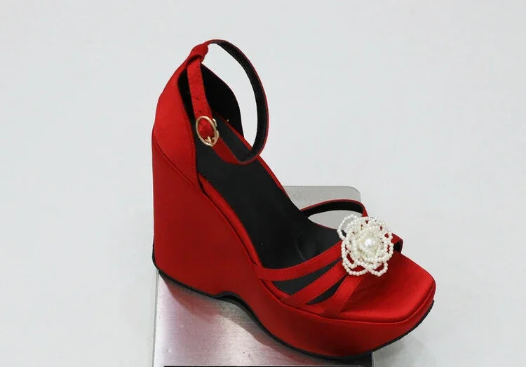 2024 Latest Wedge Heel Thick Open Toe Banquet Hollow Sandals Flower Fashion 4 Colors Buckle Women's Shoes Party Big Size 35-43