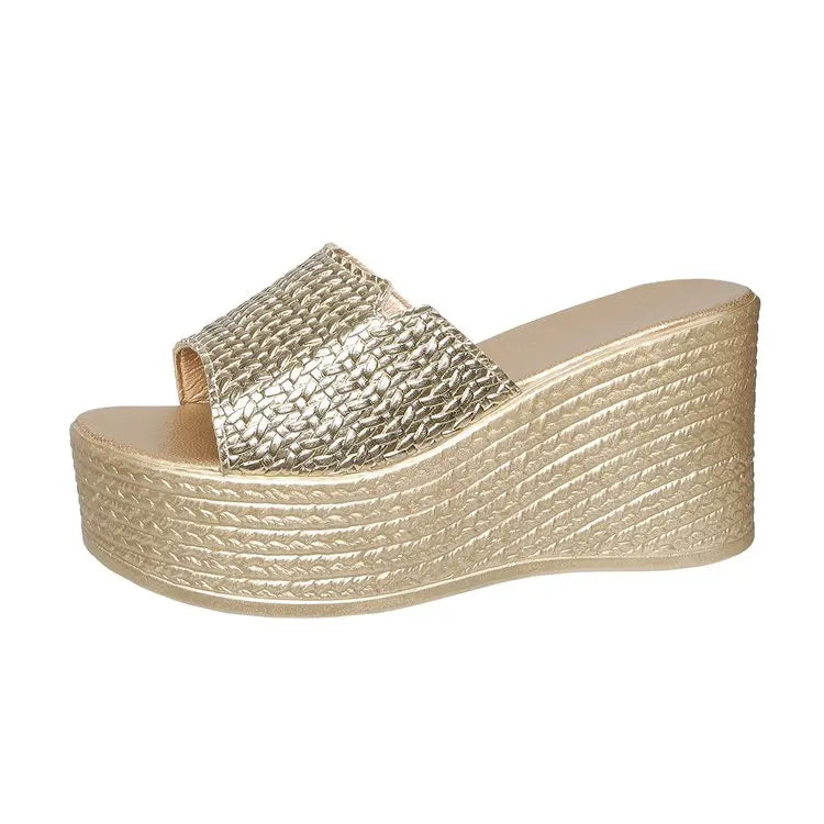 Hot Sale 9cm Wedge Heel Slippers for Women 2026 New Gold Black Woven Platform Slides Non-Slip Casual Beach Sandals Size 35-43