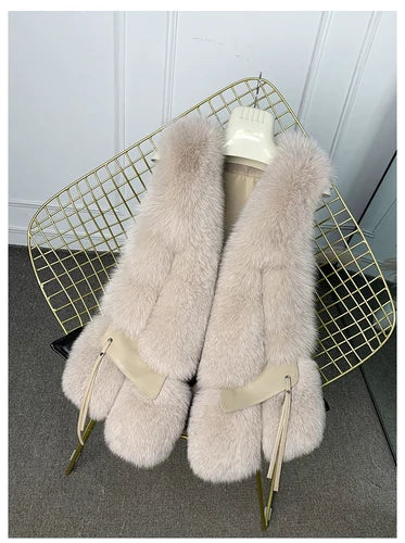 MPPM  New Women Fox Fur Vest Fashion Winter Genuine Fox Waistcoats Gilets V-neck Autumn Lady's Jackets Coats Top Quality Luxury