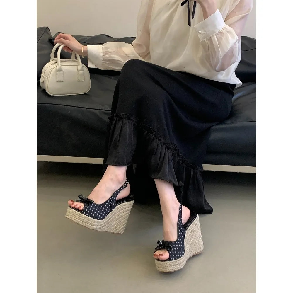 Aneikeh Summer Thick Soled Grass Woven High Heels Casual Retro Roman Sandals Polka Butterfly-kont Wedge Platform Woman Sandals