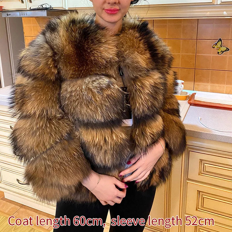 Winter Real Fur Women Raccoon Natural Fur Coat Silver Fox Long Vest Warm Luxury Jacket Parkas With Leather Fur Clothe For Female