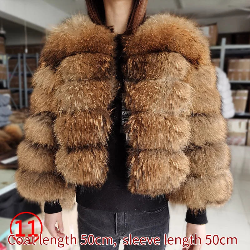 Winter Real Fur Women Raccoon Natural Fur Coat Silver Fox Long Vest Warm Luxury Jacket Parkas With Leather Fur Clothe For Female