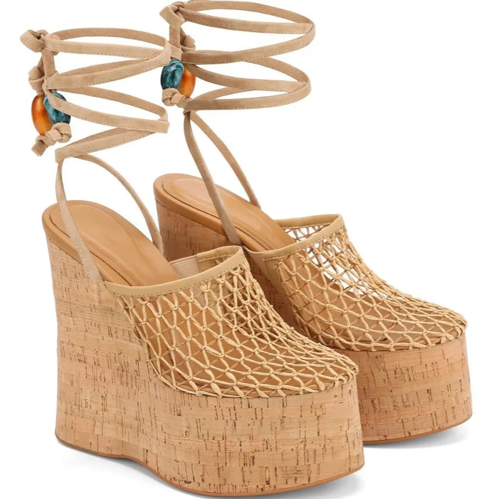 Highquality Wooden Patterned Wedge Heelwith Thicksole Andexposed Toebuckle Strap Sandals Forwomen's Banquets InEurope AndAmerica