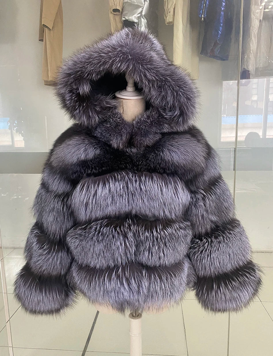 Winter Real Fur Women Raccoon Natural Fur Coat Silver Fox Long Vest Warm Luxury Jacket Parkas With Leather Fur Clothe For Female