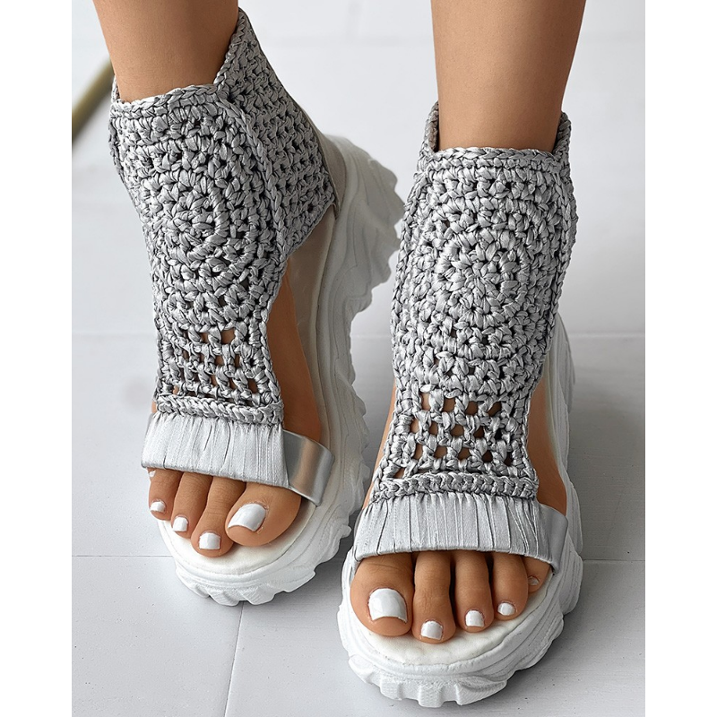 Sandals Women Braided Geometric Wedge  Knitted Elastic Summer Shoes Mesh Flat  Hollow Female Platform