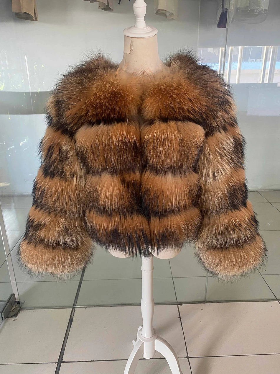 Winter Real Fur Women Raccoon Natural Fur Coat Silver Fox Long Vest Warm Luxury Jacket Parkas With Leather Fur Clothe For Female