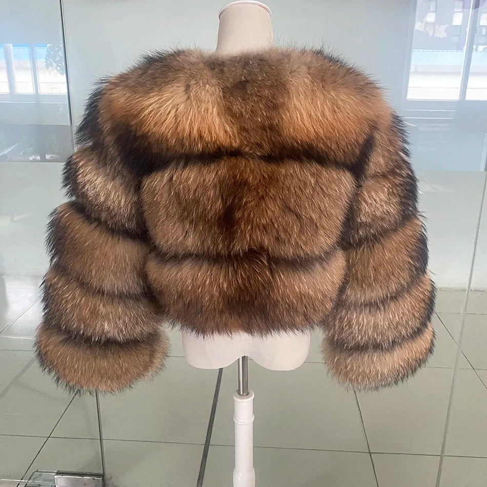 Winter Real Fur Women Raccoon Natural Fur Coat Silver Fox Long Vest Warm Luxury Jacket Parkas With Leather Fur Clothe For Female