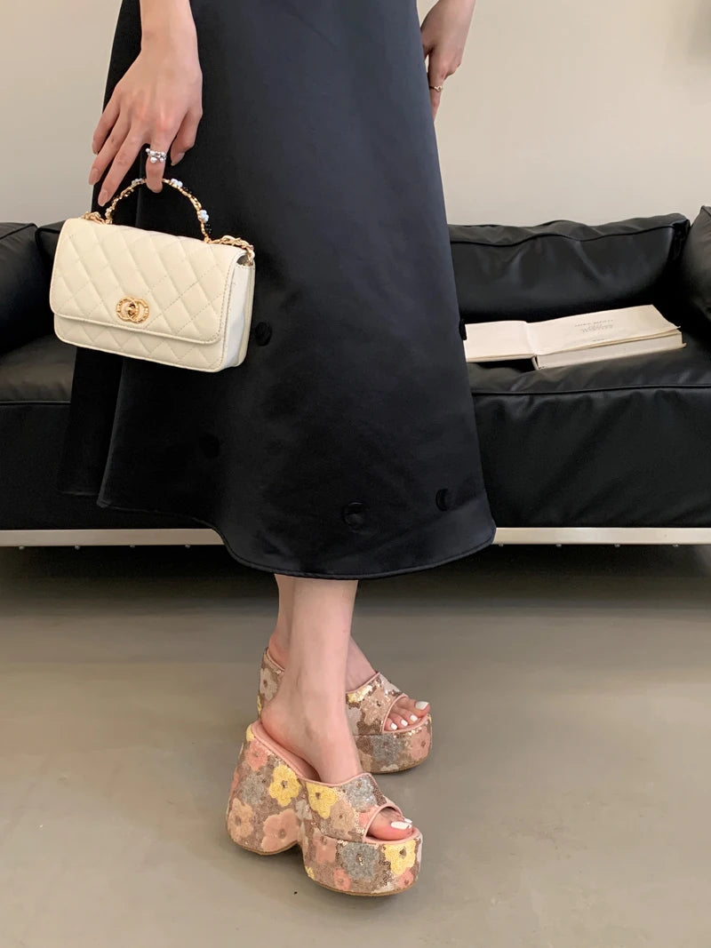 13cm Black Wedge Sandals Women Pink Flower Print Platform High Heels Slippers Summer Ladies Shoes Silver 13CM Heeled Sandals
