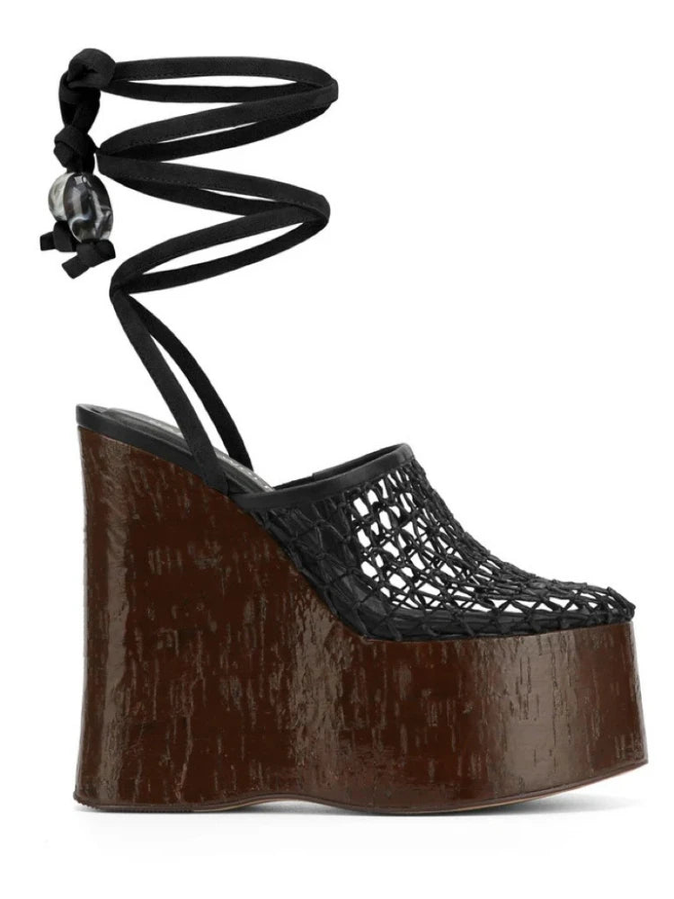 Highquality Wooden Patterned Wedge Heelwith Thicksole Andexposed Toebuckle Strap Sandals Forwomen's Banquets InEurope AndAmerica