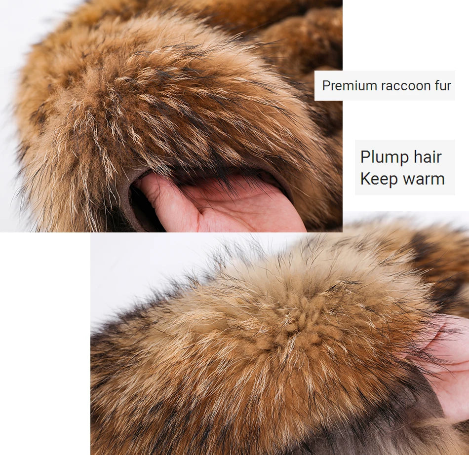 Winter Real Fur Women Raccoon Natural Fur Coat Silver Fox Long Vest Warm Luxury Jacket Parkas With Leather Fur Clothe For Female