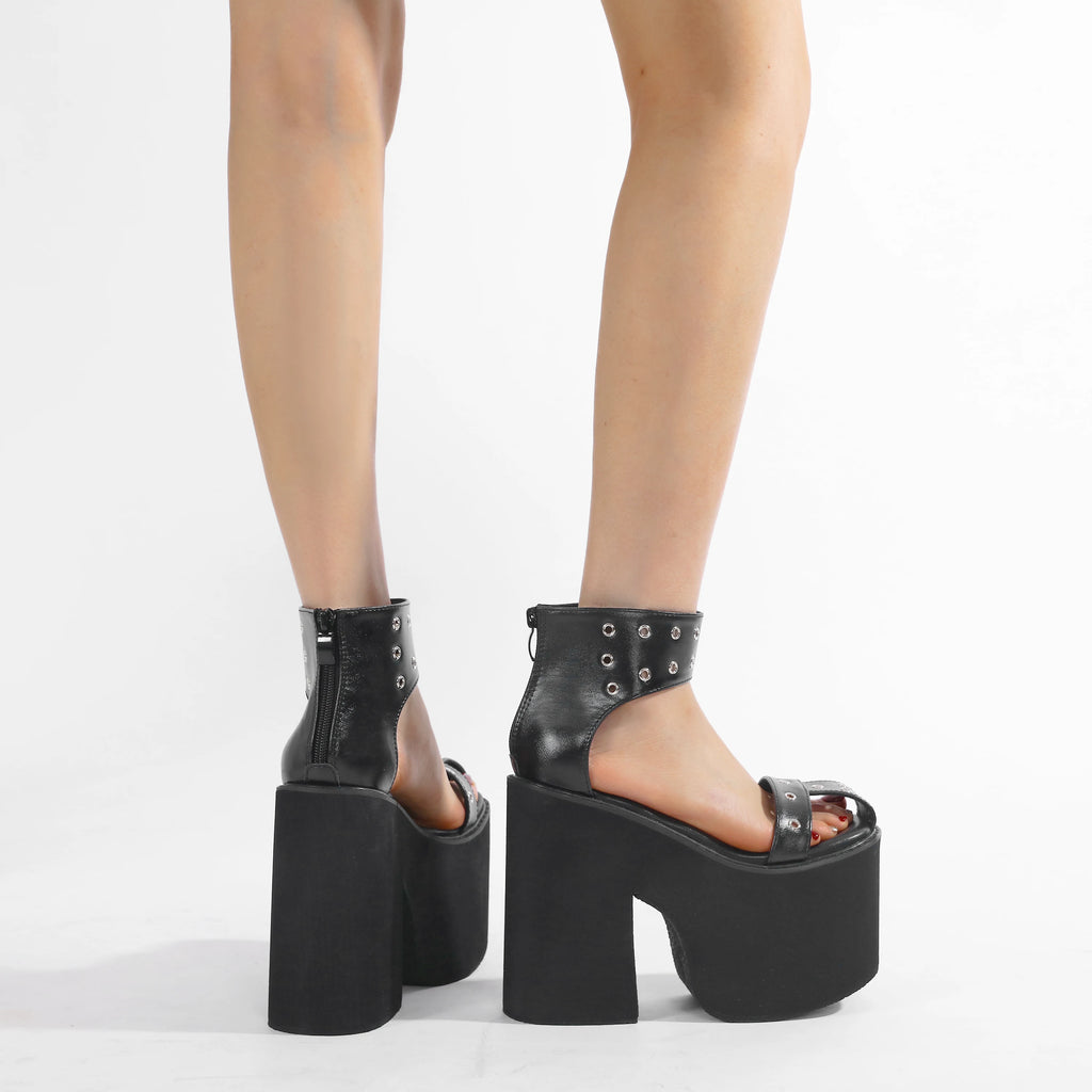 Gdgydh Summer Wide Fit Heeled Sandals Women Metal Rivet Punk Wedge Heels Platform Sandals Ankle Strap Ladies Cosplay Shoes
