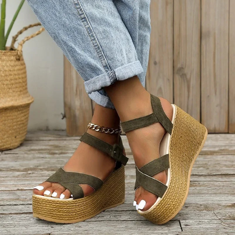 Fashion Wedge Sandals for Women Summer 2025 New Casual Non-slip Peep Toe Platform Shoes Rubber Sole Buckle Elegant Heels Women