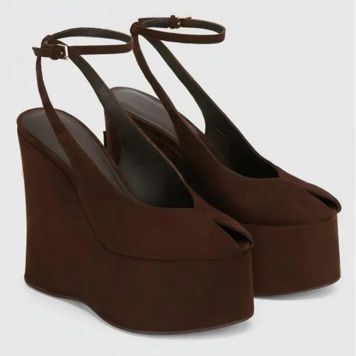 Highquality Wooden Patterned Wedge Heelwith Thicksole Andexposed Toebuckle Strap Sandals Forwomen's Banquets InEurope AndAmerica