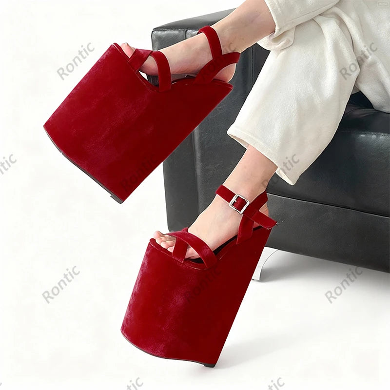 Rontic Artisan Crafted Red Leather Wedge Sandals - Women's High Heel Platform Ankle Strap Peep Toe Shoes US Plus Size 5-15
