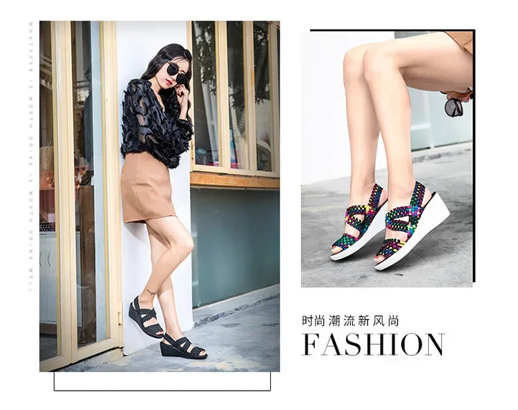 Wedge Platform Weave Sandals Fashion Peep Toe Comforty Breathable Mom Shoes Female Casual Thick Bottom Sandalias Mujer 2024