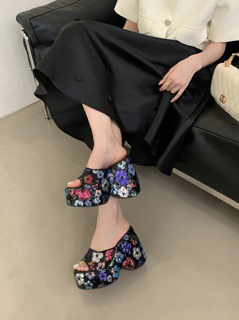 13cm Black Wedge Sandals Women Pink Flower Print Platform High Heels Slippers Summer Ladies Shoes Silver 13CM Heeled Sandals