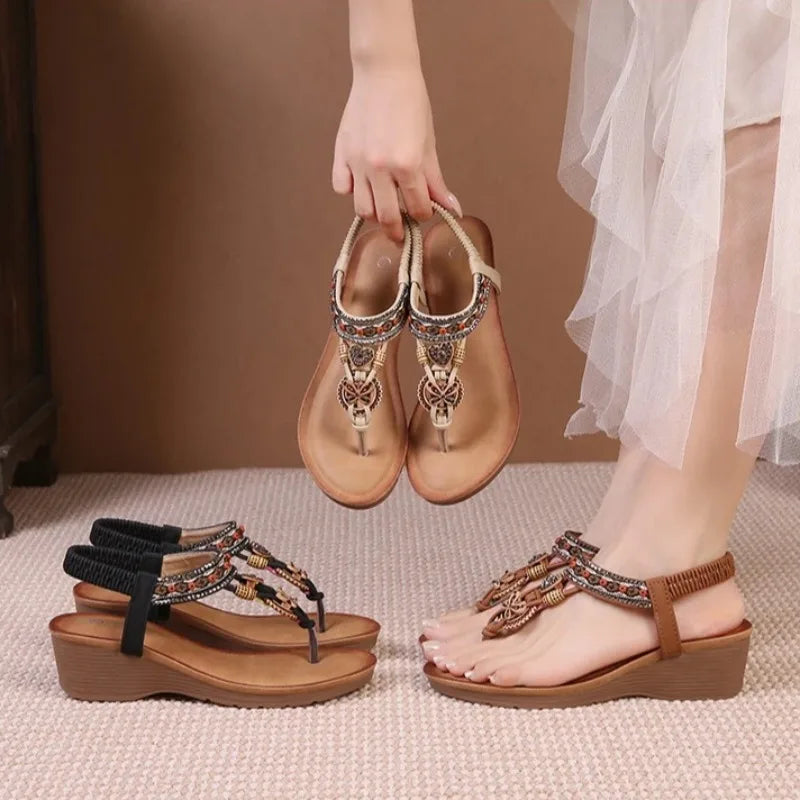 Travel wedge heel Roman sandals women's new style European and American ethnic style open-toe vacation travel leisure fashion