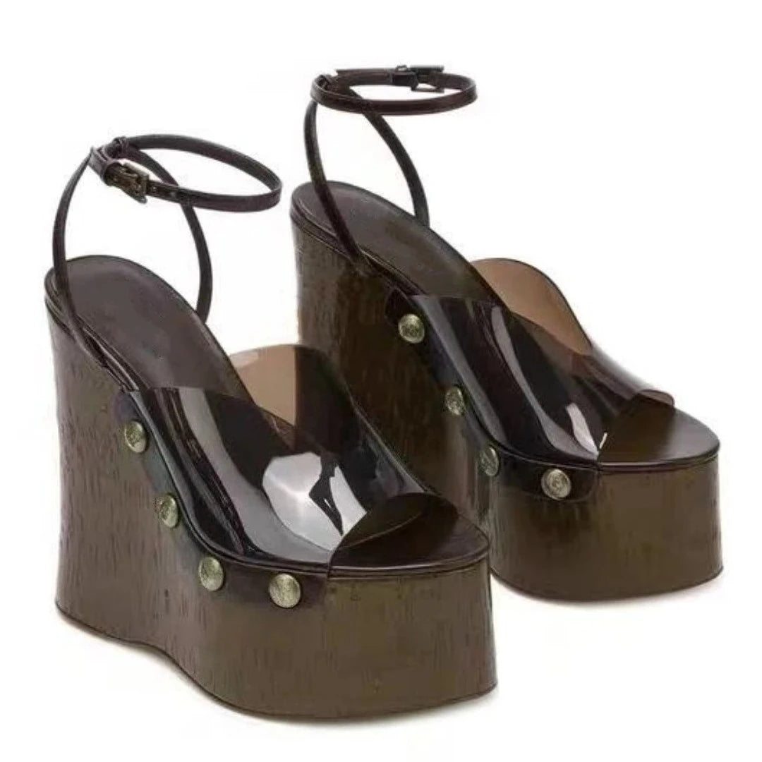 Highquality Wooden Patterned Wedge Heelwith Thicksole Andexposed Toebuckle Strap Sandals Forwomen's Banquets InEurope AndAmerica