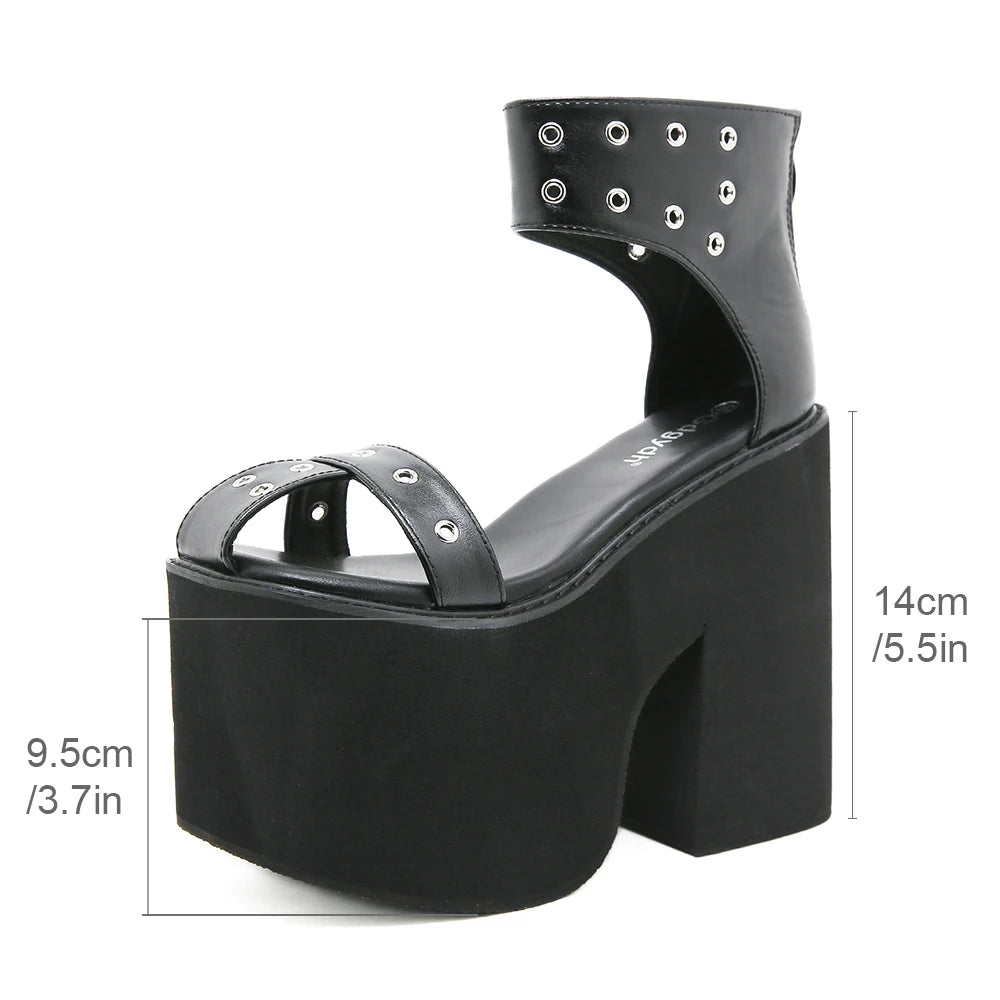 Gdgydh Summer Wide Fit Heeled Sandals Women Metal Rivet Punk Wedge Heels Platform Sandals Ankle Strap Ladies Cosplay Shoes