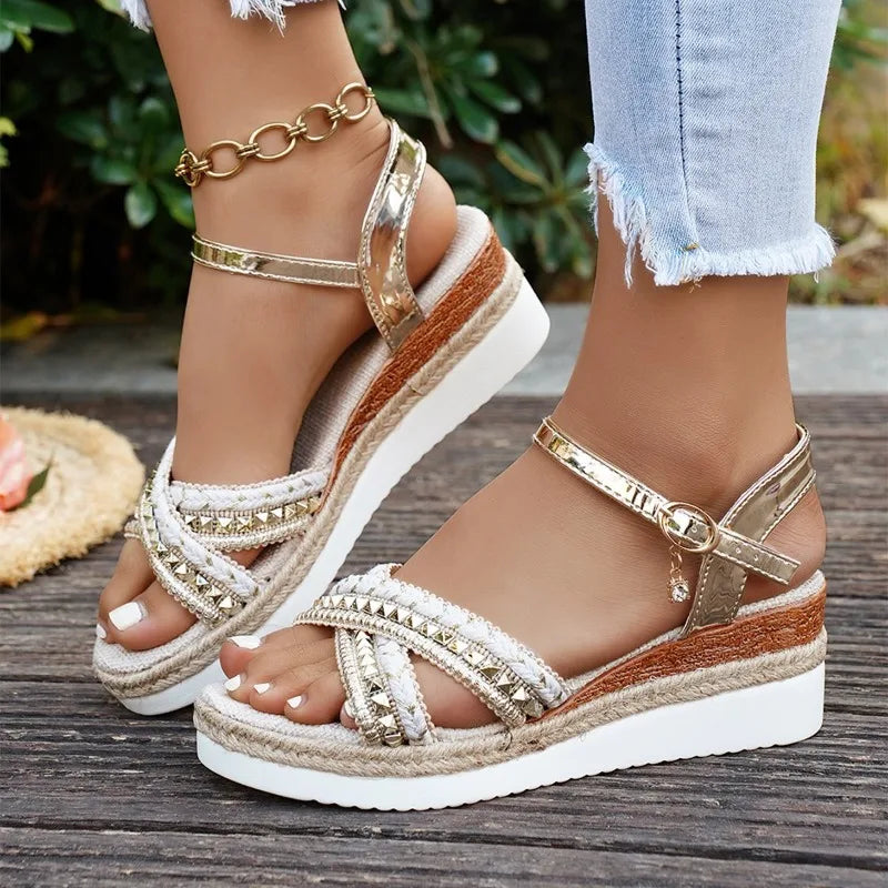 Women's Sandals Fashion Wedge Platform Sandals Luxury Golden Leather Sandals for Women Casual Beach Shoes Sandalias De Mujer