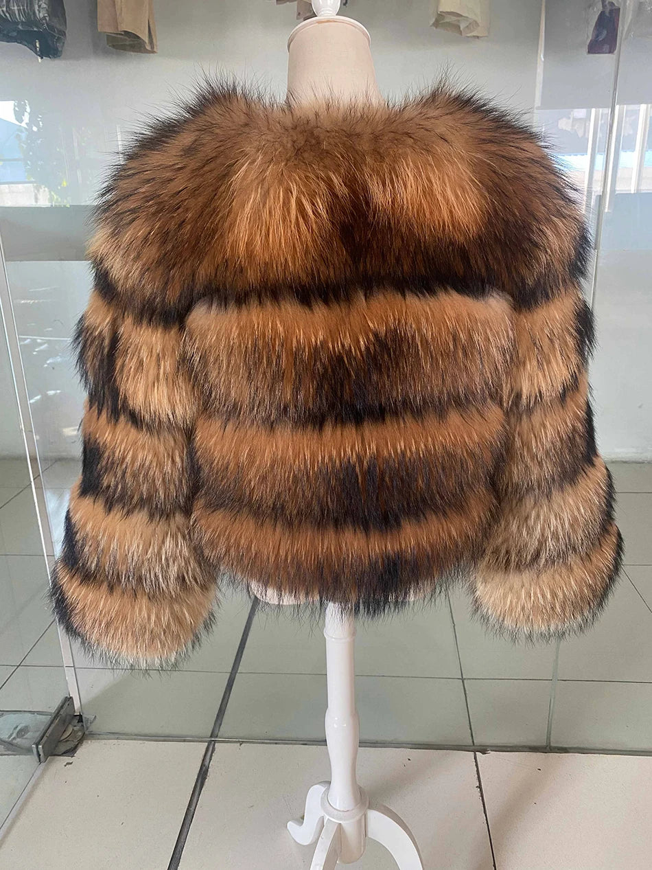 Winter Real Fur Women Raccoon Natural Fur Coat Silver Fox Long Vest Warm Luxury Jacket Parkas With Leather Fur Clothe For Female