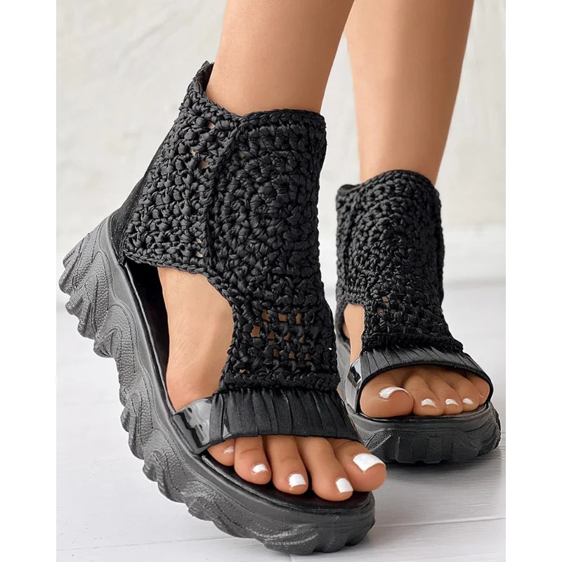 Sandals Women Braided Geometric Wedge  Knitted Elastic Summer Shoes Mesh Flat  Hollow Female Platform