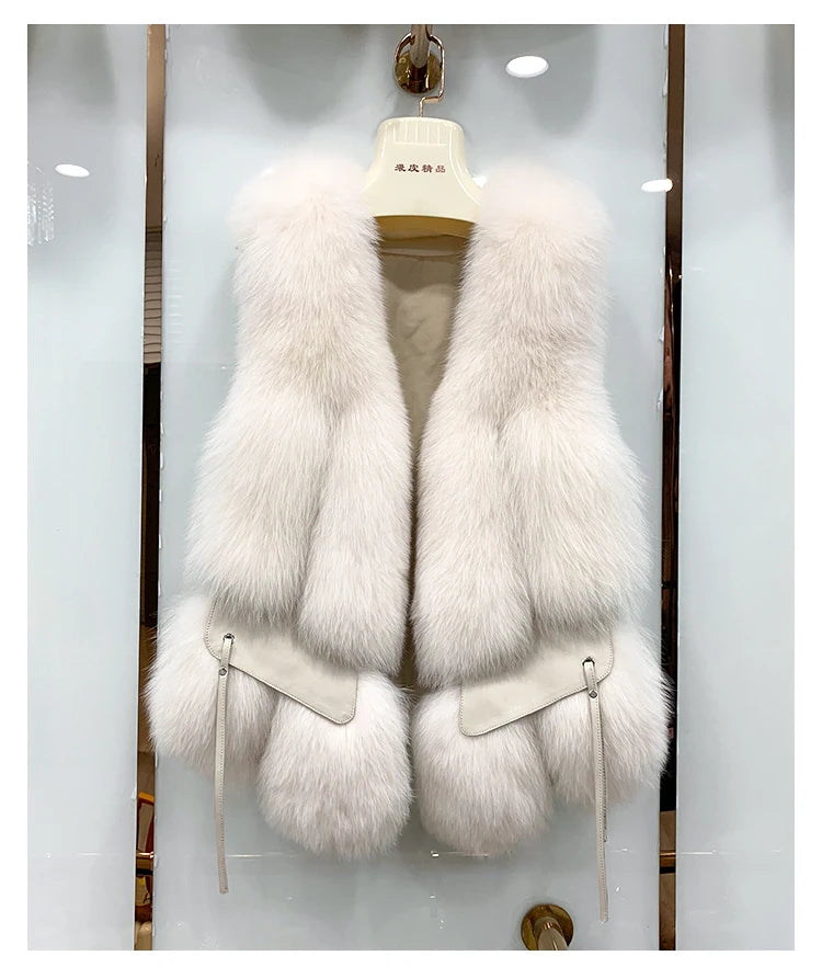 MPPM  New Women Fox Fur Vest Fashion Winter Genuine Fox Waistcoats Gilets V-neck Autumn Lady's Jackets Coats Top Quality Luxury