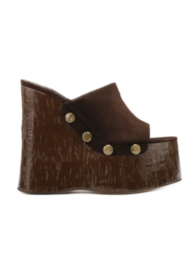 Ladies' Summer Wedge Heel Thick Soled Sandals with Wood Grain Rivets, Waterproof Platform, Thick High Heels, and Sandals
